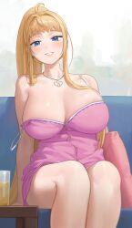 1girls bare_shoulders blonde_hair blue_eyes breasts cleavage dosanko_gal_wa_namara_menkoi drink earrings female grin gyaru highres jewelry large_breasts long_hair looking_at_viewer minami_fuyuki necklace nhaliz pink_dress shounen_jump+ sitting smile solo spaghetti_strap strap_slip thighs very_long_hair voluptuous voluptuous_female