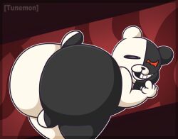 anthro ass backsack balls bent_over big_butt danganronpa genetic_chimerism genitals hi_res huge_butt looking_at_viewer looking_back male mammal monokuma multicolored_body no_humans nude smile smooth_skin solo thick_thighs tunemon two_tone_body ursid