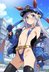 ai_generated animal_ears blue_eyes cosplay female hair_ornament hairband horse_girl long_hair police_uniform silver_hair sling_bikini tamamo_cross_(umamusume) umamusume umamusume_pretty_derby