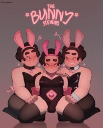 3boys bulge bulge_through_clothing bunny bunny_boy bunny_costume bunny_ears bunny_tail bunnysuit fishnets gem gem_(species) hands_behind_back heart heart heart_necklace hearts_around_head legs_apart legs_held_open legs_spread looking_at_another looking_at_partner looking_at_viewer male male_focus male_only nervous nervous_smile presenting presenting_penis smile smiling smiling_at_another smiling_at_each_other smiling_at_partner smirk smirking smirking_at_another smirking_at_partner spread_by_another spread_legs spreading steven_quartz_universe steven_universe toofygoru