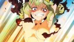 animated anime_screencap araga_kiwi armpits arms_up bouncing_breasts breasts cleavage clenched_teeth collarbone female green_hair hair_ornament highres large_breasts leopard_(mahou_shoujo_ni_akogarete) long_hair magical_girl mahou_shoujo_ni_akogarete red_eyes revealing_clothes slit_pupils smile sound star_(symbol) star_hair_ornament tagme teeth underboob video