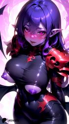 1girls ai_generated armor big_breasts blush breasts cameltoe demon demon_girl demon_wings highres horns nipples pointy_ears purple_hair purple_skin skin_tight uncensored wings yeswaifu