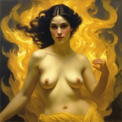 ai_generated belly black_hair breasts burning closed_eyes curvaceous curvy fire long_hair medium_breasts navel nipples pyrokinesis seductress william_bouguereau