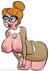 breast_focus breasts_out bunzerk dexter's_laboratory female_teacher glasses hair_bun hands_on_thigh happy_female looking_to_the_side mature_female miss_wimple open_mouth pendulous_breasts presenting_breasts short_dress smiling teacher
