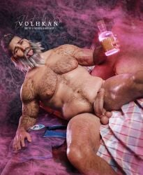 1boy 3d azog3d bara beard body_hair bottle dead_by_daylight drunk erection jeff_johansen male_focus male_only muscular naughty_face nude penis presenting sitting solo