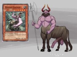 2024 balls beard biceps bodily_fluids centaur duel_monster equid equid_taur erection facial_hair genital_fluids genitals hi_res hooves horsecock humanoid humanoid_taur lemonycactus long_beard male male_only mammal mammal_taur masculine mature_male monster_card_(yu-gi-oh) moustache nipples pecs penis precum red_eyes solo taur weapon yu-gi-oh!