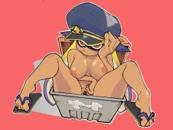 1girls agent_3_(splatoon) big_breasts boobs box cap captain_(splatoon_3) censored cephalopod_humanoid dark_skin embarrassed gluten000000 hand_on_head in_box inkling inkling_girl large_breasts nude orange_eyes pout presenting purple_hair sandals splatoon splatoon_3 tan_skin two_tone_hair yellow_hair