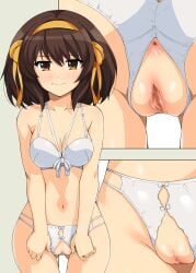 anus brown_eyes brown_hair censored censored_pussy close_up embarrassed female_only hairband haruhisky medium_breasts mosaic_censoring open_panties pussy short_hair suzumiya_haruhi suzumiya_haruhi_no_yuuutsu white_lingerie white_panties yellow_hairband yellow_ribbon