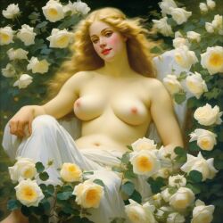 ai_generated belly blonde_hair blue_eyes breasts curly_hair curvy female flower flowers lips long_hair medium_breasts navel nipples nude presenting realistic rose_(flower) smile solo white_rose william_bouguereau