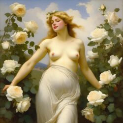 ai_generated belly blonde_hair blue_eyes breasts curly_hair curvy female flower flowers lips long_hair medium_breasts navel nipples presenting realistic rose_(flower) smile solo white_rose william_bouguereau