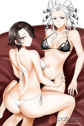 2girls alternate_costume ass ass_cleavage bare_arms bare_legs bare_shoulders bed bikini black_bikini black_hair black_swimsuit blush breasts butt_crack cinder_fall closed_mouth collarbone female female_only hair_over_one_eye half-closed_eyes humanized kimmy77 large_breasts legs looking_at_viewer looking_back medium_breasts midriff multiple_females multiple_girls navel neck on_bed orange_eyes personification rwby salem_(rwby) short_hair silver_hair sitting sitting_on_person smile spread_legs strapless strapless_bikini strapless_swimsuit swimsuit underboob white_background white_bikini white_swimsuit yuri