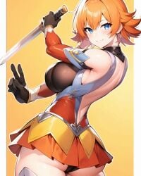 1girls ai_generated ass back backless_outfit black_gloves black_panties blue_eyes breasts female female_focus gloves hips holding_weapon igawa_sakura katana large_breasts looking_at_viewer looking_back ninja orange_hair panties pantyshot short_hair skirt smile solo taimanin_(series) thick_thighs thighs v weapon