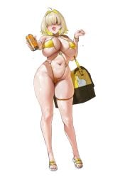 1girls 2d ahoge bag belly belly_button big_breasts bikini blonde blonde_hair bracelet breasts busty chochomi chubby color colored curvaceous curvy curvy_body curvy_female curvy_figure digital_drawing_(artwork) drink elegg_(nikke) female female_focus female_only goddess_of_victory:_nikke huge_breasts long_legs looking_at_viewer midriff pov purple_eyes sandals solo standing thick_thighs thigh_strap thighs voluptuous wet white_background yellow_bikini yellow_hair