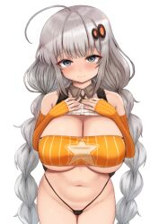 bikini blue_eyes hands_on_breasts huge_breasts kizuna_akari pov swimsuit thick_thighs twintails vocaloid voiceroid white_hair