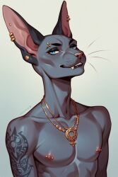 1boy ai_generated gay jewelry nipples piercing sphynx_(cat) tattoo yaoi