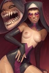 bifurcated_jaw derek_hetrick freckles highres mileena mileena_(mortal_kombat) monster_girl mortal_kombat no_cheeks non-web_source sharp_teeth teeth