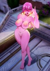 1girls ahe_gao aphrodite aphrodite_(fortnite) barefoot belly big_breasts blowjob blowjob_face blush breasts completely_nude completely_nude_female female female_focus female_only fit_female fortnite fortnite:_battle_royale from_above full_body glowing_hair heart_eyes horny huge_breasts multicolored_hair muscular muscular_female naked naked_female navel nude nude_female olesanaushhh pink_body pink_hair pink_lips pink_nipples pink_skin pussy solo solo_female spit standing thick_thighs wet yellow_hair