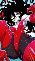 1girls bayeuxman big_breasts black_hair boots cartoon_network freckles freckles_on_face gloves latex looking_at_viewer lying mature_female mature_woman powerpuff_girls red_boots sedusa thick_thighs thigh_boots thighs yellow_eyes