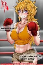 1girls big_breasts big_thighs blonde_female blonde_hair boxing boxing_gloves boxing_ring breasts cleavage female female_only gloves light-skinned_female light_skin midriff orange_tank_top ponytail purple_eyes red_boxing_gloves red_gloves rwby shorts split_shorts suicidetoto tank_top thick thick_hips thick_thighs thighs wide_hips yang_xiao_long