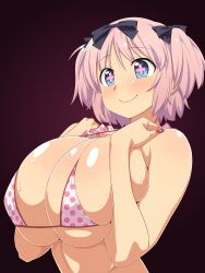 1girls 2d bare_shoulders big_breasts bikini blush breast_squish breasts chikuishi excited hair_ornament hairbow hibari_(senran_kagura) huge_breasts marvelous pink_bikini pink_hair senran_kagura senran_kagura_(series) smile solo submissive_pose third-party_edit twintails unique_eyes