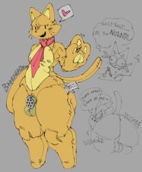 2025 2d_(artwork) anthro ass backsack balls big_ass big_butt blush blush_lines bratti_(gremlingrounded) cat_ears cat_tail chastity_cage chastity_device doll doll_boy domestic_cat drawing fangs felid feline felis femboy five_nights_at_freddy's flat_chastity_cage flat_colors genitals huge_ass looking_at_viewer lovedoll_toy_factory male mammal nekodata nipples oerba_yun_fang orange_body orange_cat paw_markings red_tie seams simple_background smile solo speech_bubble sweat sweatdrop sweating tag tail thick_thighs thought_bubble tie whiskers wiggle wiggle_lines wiggling_ass