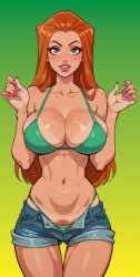 ai_generated big_breasts freckles freckles_on_breasts freckles_on_face ginger_hair green_eyes huge_breasts red_hair sam_(totally_spies) small_bikini smiling_at_viewer squeezing_breast tanned_skin thick_thighs tight_fit