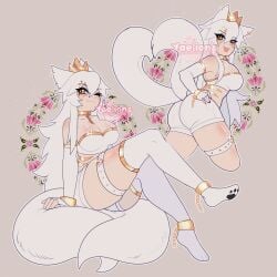andiemations bent_over big_breasts big_butt catgirl collar crown faelions mesh_shirt shackles short_shorts stockings tail thick_thighs thighs white_hair yellow_eyes