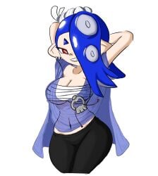 1girls 2d_(artwork) arms_behind_head arms_up bandaged_chest black_pants blue_hair breasts cleavage covered_navel deep_cut_(splatoon) digital_drawing_(artwork) digital_media_(artwork) female ghostlyshroom hair_covering_eye large_breasts looking_at_viewer navel nintendo octoling pants red_eyes see-through_clothing shiver_(splatoon) short_hair simple_background solo splatoon splatoon_(series) splatoon_3 tentacle_hair white_background