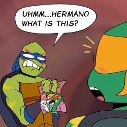 2boys ahegao_face anthro blush blush_lines cum dialogue english english_text español furry leonardo_(rise_of_the_tmnt) leonardo_(tmnt) michelangelo michelangelo_(rise_of_the_tmnt) michelangelo_(tmnt) rise_of_the_teenage_mutant_ninja_turtles rottmnt semen spanish spanish_text speech_bubble teenage_mutant_ninja_turtles text text_bubble tmnt tmnt_2018