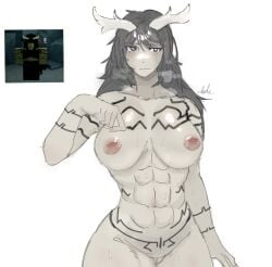 1girls areolae big_breasts breasts dark_hair deepwoken female female_only galeforcekid gremor_(deepwoken) long_hair muscular_female naked purple_eyes pussy reference_image roblox roblox_game silentheart simple_background steam sweat sweating tattoo thighs vagina