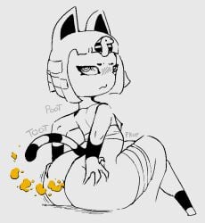 2022 animal_crossing ankha_(animal_crossing) anthro anus artist_name ass barely_visible_anus black_eyebrows blush blush_lines bottomless breasts butt_grab clothed clothing clothing_down domestic_cat exposed_breasts eyebrows fart fart_cloud felid feline felis female hair hand_on_butt jubb looking_back mammal markings monochrome nintendo nipples rear_view ring_(marking) ringed_tail side_boob simple_background sitting small_breasts solo striped_markings striped_tail stripes tail tail_markings text top_down white_background