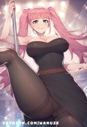 ai_generated big_ass big_breasts big_butt big_thighs black_dress blue_eyes blush fire_emblem:_three_houses hilda_valentine_goneril huge_ass huge_breasts huge_butt huge_thighs pantyhose pink_hair pole pole_dancing spread_legs standing twintails wanuze wide_hips