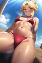 1girls ai_generated beach bikini blonde_hair blush breasts embarrassed fate/apocrypha fate/grand_order fate_(series) female green_eyes medium_hair mordred_(fate) mordred_(swimsuit_rider) nai_diffusion navel outdoor outdoors ponytail red_bikini small_breasts stable_diffusion tan tan-skinned_female tanned_skin