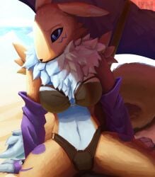 absurd_res anthro bandai_namco beach bra breasts canid clothing digimon digimon_(species) female fur hi_res lennoxicon mammal navel outside renamon sand sea seaside solo swimwear umbrella underwear water white_body white_fur yellow_body yellow_fur