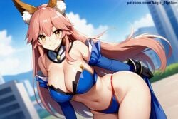 1girls aegis_elysium ai_art ai_generated bikini bikini_top blue_bikini blush blushing_at_viewer breasts bridge brown_eyes bush cape city cityscape cleavage cloud clouds day earrings elbow_gloves fate/grand_order fate_(series) female_focus gem gloves hair_ornament headpiece highleg highleg_leotard highres huge_breasts jewelry lagoon large_breasts leaning_forward leotard long_hair looking_at_viewer navel outdoors patreon patreon_username pink_hair ribbon sky solo solo_focus standing tamamo_(fate) tamamo_no_mae_(fate) tamamo_no_mae_(swimsuit_lancer) thick_breasts thick_thighs thighs tiara tree trees turtleneck_leotard type-moon vegetation very_long_hair wall water