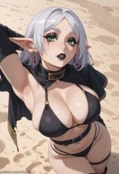 ai_generated alternate_version_at_source anime bikini black_lipstick black_makeup black_outfit elf fishnets frieren frieren_beyond_journey's_end goth goth_girl gothic green_eyes hypet long_hair medium_breasts pointy_ears ruined_makeup shiny shiny_skin sousou_no_frieren tagme thick thick_thighs thighhighs thighs white_hair