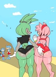 absurd_res afrosoricid amy_rose anthro ass beach big_butt blue_body blush butts_touching canid canine embarrassed eulipotyphlan female fennec_fox fox green_body group hand_on_butt hedgehog hi_res idw_publishing kitsunami_the_fennec male mammal pink_body sega sharp_teeth smug sonic_(series) sonic_the_hedgehog sonic_the_hedgehog_(comics) sonic_the_hedgehog_(idw) sonic_the_hedgehog_(series) surge_the_tenrec surprised_expression susknuckles teeth tenrec true_fox