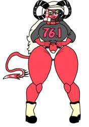 boots breasts demon demon_girl demon_horns demon_tail dyed-hair dyed_hair dyed_pubes hellaverse helluva_boss imp impsona pubic_hair_peek red_skin smile thicc thicc_ass thicc_thighs vivziepop_(sona) white_panties yellow_sclera