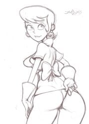 2015 apron ass cartoon_network dexter's_laboratory dexter's_mom earring female female_only fluffy_(artist) gloves looking_back panties panties_pull pussy short_hair sketch thighs white_background