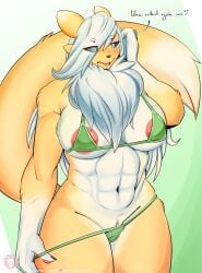 2020 abs absurd_res anthro areola bandai_namco big_muscles bikini breasts canid canine clothed clothing digimon digimon_(species) eye_through_hair eyebrow_through_hair eyebrows female fur fur_tuft green_bikini green_clothing green_swimwear hi_res looking_at_viewer mammal muscular muscular_anthro muscular_female navel neck_tuft open_mouth renamon skimpy solo swimwear tongue translucent translucent_hair tuft vixie00