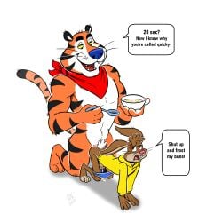 absurd_res all_fours anal anal_sex anthro anthro_on_anthro anthro_penetrated anthro_penetrating anthro_penetrating_anthro barefoot blue_nose bodily_fluids clothed clothing cum cum_on_ground dialogue doggy_style duo english_text feet felid from_behind_position frosted_flakes genital_fluids genitals hi_res humor kellogg's lagomorph leporid male male/male mammal mascot nikraccoom pantherine partially_clothed penetration penis quicky_(mascot) rabbit red_nose sex simple_background size_difference text tiger tony_the_tiger underwear underwear_down yellow_eyes