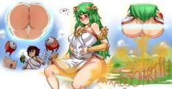 1boy 1girls anus ass ass asshole below_view big_ass big_butt blush fart fart_cloud fart_fetish farting giantess green_eyes green_hair heart kid_icarus lazei looking_down nintendo palutena pit_(kid_icarus) smile text_bubble vagina viewed_from_below