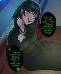 big_breasts clovernuts couch couch_sitting dark_hair dim_lighting dress english_text fubuki_(one-punch_man) looking_at_viewer one-punch_man pearl_necklace short_hair smile tagme text text_bubble