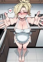 11_22 1girls ai_generated angela_ziegler apron bare_arms bare_legs barefoot blonde_hair blue_eyes blush cleavage closed_eyes embarrassed facing_viewer frilled_apron from_above heart hug huge_breasts incoming_hug kitchen large_breasts mercy naked_apron nervous_smile overwatch overwatch_2 pale_skin ponytail pregnant reaching_out reaching_towards_viewer smile spoken_heart standing sweat thick_thighs white_apron wide_hips