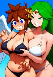 2girls ai_generated angel angel_wings bikini blue_eyes breast_grab genderswap_(mtf) green_eyes kid_icarus palutena pit_(kid_icarus) rule_63 yuri