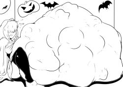 1girls belly belly_bulge big_belly face_imprint female_pred hair_over_eyes halloween halloween_costume hood multiple_prey ndnode patreon_reward soft_vore vore vore_belly