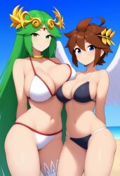 2girls ai_generated angel angel_wings bikini breasts genderswap_(mtf) green_hair kid_icarus large_breasts long_hair nintendo palutena pit_(kid_icarus) rule_63