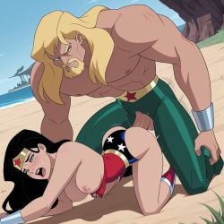 1boy1girl ai_generated aquaman arthur_curry black_hair blonde_hair dc_comics diana_prince justice_league themerchant69 wonder_woman