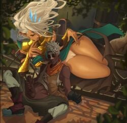 2d 2d_(artwork) arcane blonde_hair color dark-skinned_male ekko functionally_nude goddess illustration interracial janna_windforce league_of_legends light-skinned_female masturbation partially_clothed peppernsalt pointy_ears size_difference tagme thick_thighs watching_masturbation white_hair