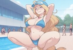 ai_generated big_ass bikini blonde_hair blue_eyes cartoon derpixon large_breasts long_hair naughty_face people_in_background small_waist squatting valentine_(derpixon) vector water_park